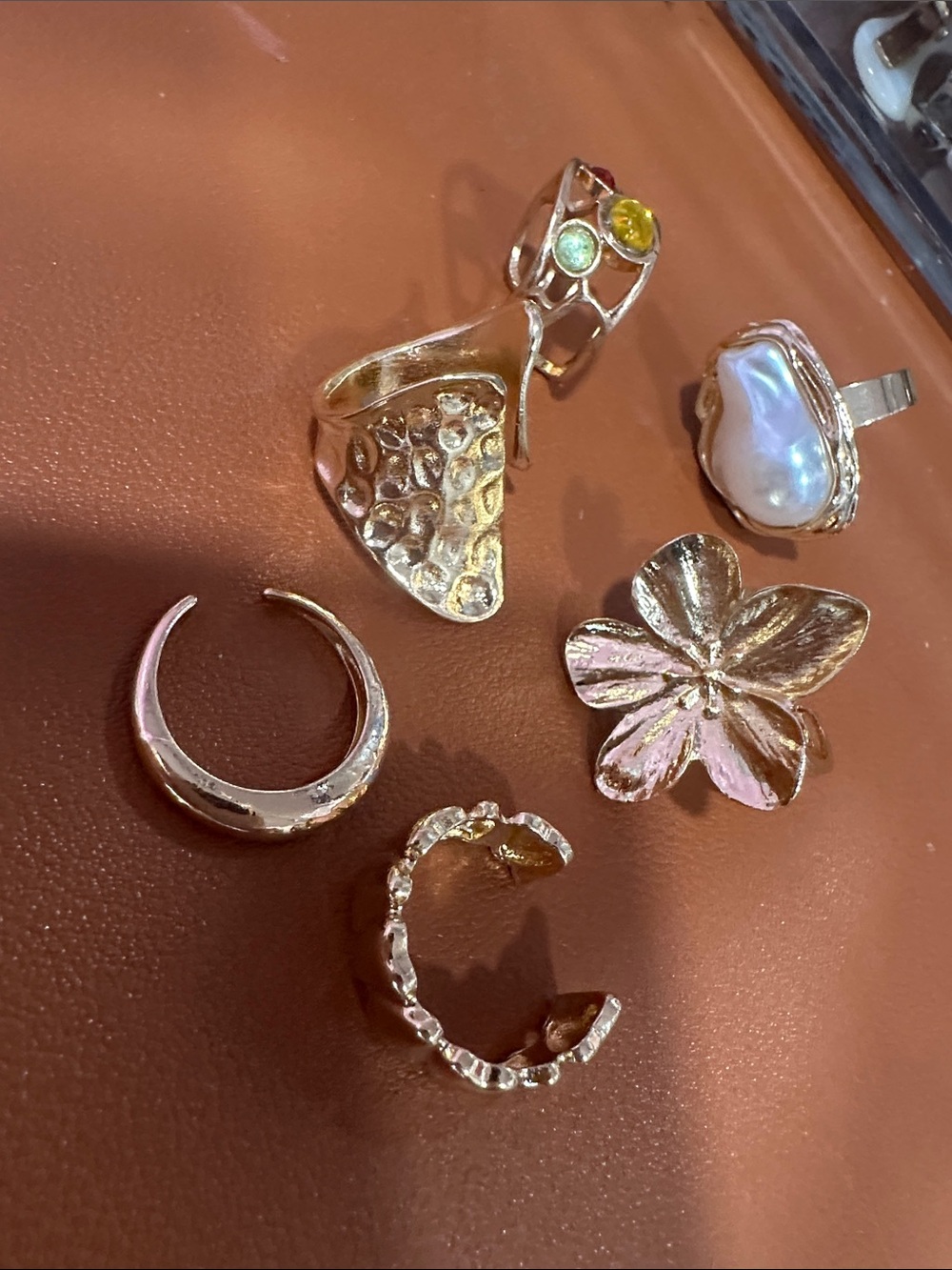Gold Tone Floral & Pearl Statement Ring Set - Women Jewelry